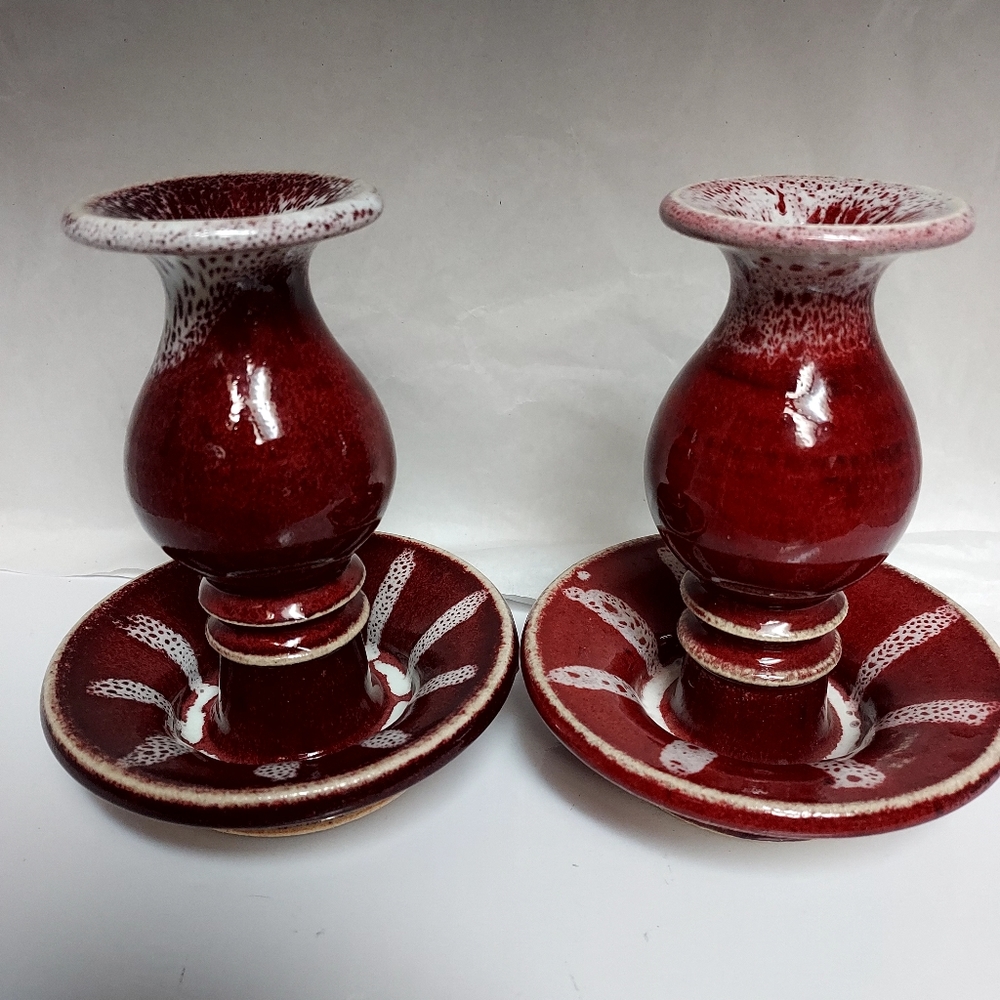 Vintage Pottery Candle Holders Set Of 2 Sign By The Artist MMS.